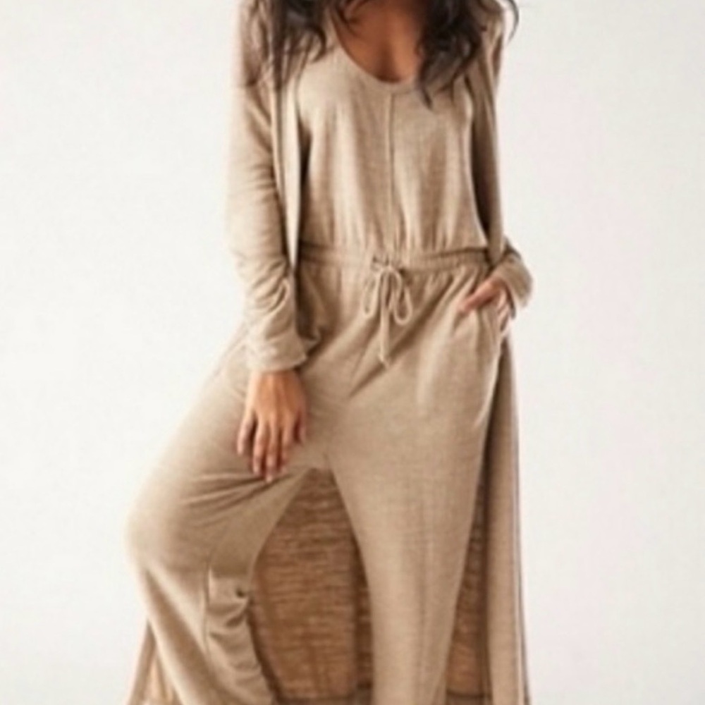 Free People Taupe Knit Long Sleeve Jumpsuit with Drawstring